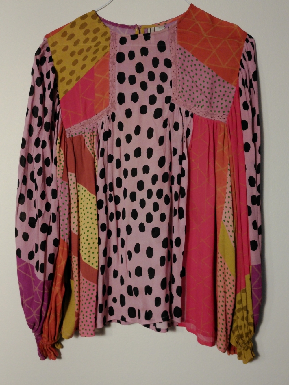 Blank London Anthropologie Pink Polka Dot Mixed Print Boho Peasant Sleeve Blouse